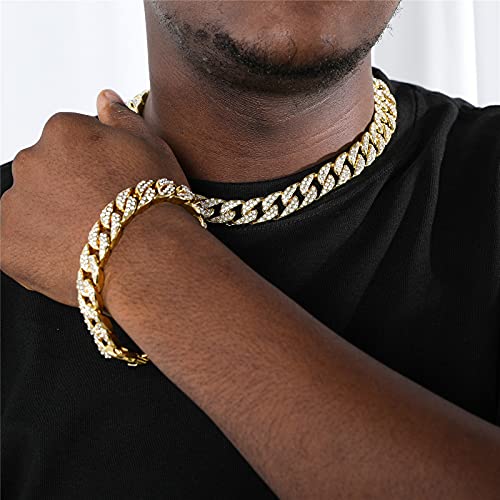Saintda Cuban Link Chain Necklace Bracelet Set Men's Miami Iced Out Silver Gold Diamond Choker For Boys Women(Gold-13Mm,20) #TOP1