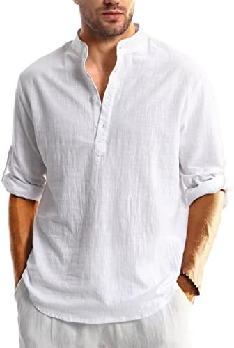 Hakjay Cotton Linen Shirts for Men Casual Shirts Long Sleeve Henley Beach Shirts Hawaiian T Shirts for Men White Large