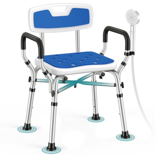 Image of Shower Chair for Inside Shower with Arms & Back, 550 lbs, 6 Heights | Dual Crossbar Frame, Non-Slip Feet, 22-Inch EVA-Cushioned Seat, Showerhead Holder, Rust-Resistant Aluminum, Tool-Free Setup