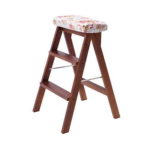 Taburete Plegable de 3 Niveles, Escalera de Tijera, Silla de Escalera de Madera Asiento de Esponja con Flores Silla de Comedor Taburete Alto para Biblioteca, Cocina casera Máx. 150kg Cover