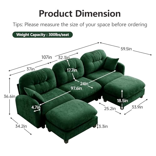 Image of KEIKI 107 inch U-Shaped Oversized Chenille Modular Sectional Sofa with 2 Ottoman, High-Density Foam Cushions, Tufted Pleated Cushion Backrest, Modern 3-Seater Couch with 2 Pillow, for Living Room, Green