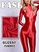 Women Club Party Bodysuit Zipper Glossy Leotard Long Sleeve Metallic Skinny Bodysuit Sheer One Piece Leotard Dancewear Clubwear Red XL