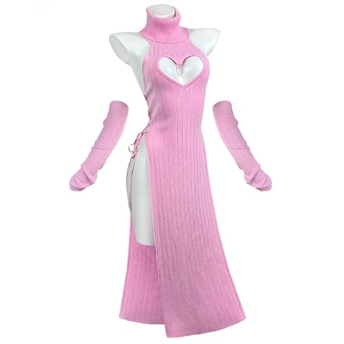 KORURACLUB Sexy Dress Cheongsam Halloween Costume premium sweater cosplay lingerie High Slit Long Dress - Pink - L/2XL
