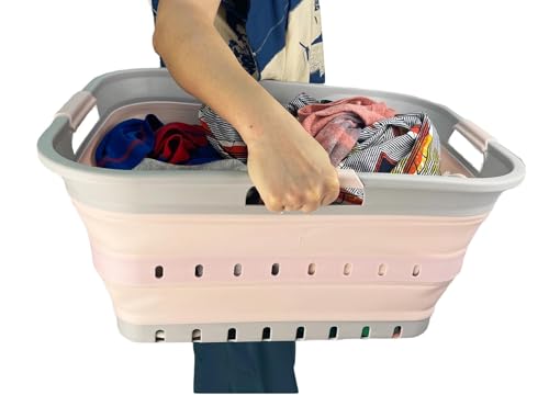 Image of SAMMART 42 (11 Gallons) Collapsible Plastic Laundry Basket, Foldable Pop Up Storage Container /Organizer, Space Saving Hamper, Portable Bin for Dorm Room Bathroom (1, Grey /Pink)
