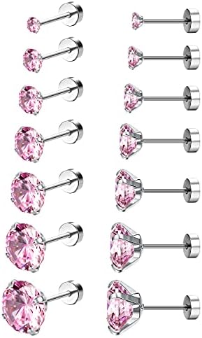 Kakonia 7Pairs 18G Stainless Steel Stud Earrings for Women Men Round Cubic Zirconia Barbell Stud Cartilage Helix Earrings Flat Back Stud Ear Piercing 2MM-8MM
