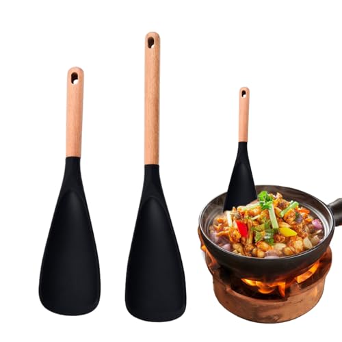 シリコンスパチュラセット - 2個 ノンスティック 木製 ハンドル スパチュラ - 傷つかないキッチンパドル - 家庭 アパート シェフ パンケーキ フライ ベーキング クッキング サーブ ミキシング 用