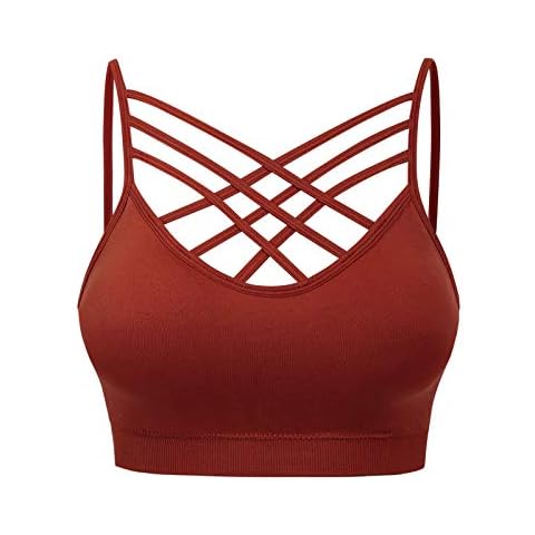 MixMatchy Women's Soft Seamless Triple Criss-Cross Front Bralette Sport Bra with Removable Pads Fired Brick SM Cover