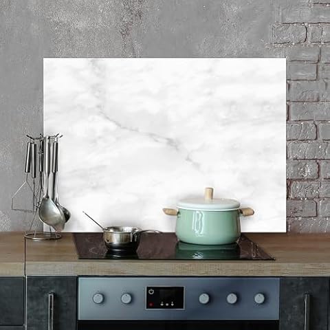 CREARREDA White Marble Aluminium Kitchen Splash Guard 72 x 48 cm Easy to Apply Made in Italy Protection for Stoves and Walls Washable and Easy to Assemble Metal Splatter Guard Cover