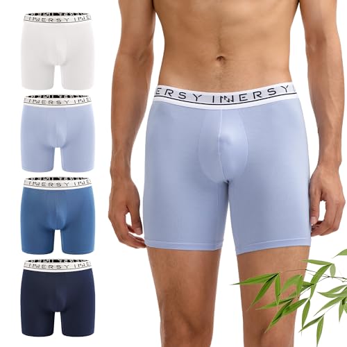 INNERSY Mens Bamboo Boxers Soft Underwear Trunks Moisture Wicking Underpants No Fly Multipack 4 (L, Blue/Navy Blue/Pale Blue/White)