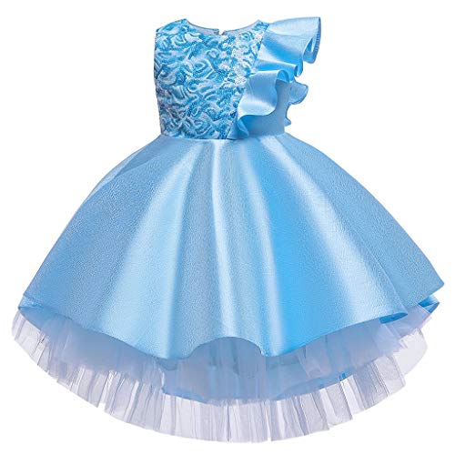 WFRAU Mädchen Reine Farbe Abendkleid Rüschen Ärmel Blumen Stickerei Prinzessin Geburtstag Party Tüll Puff Kleid Festzug Kleid Kinder Hochzeit Brautjungfer Kleid Formal Dance Kleid Alter 6-16