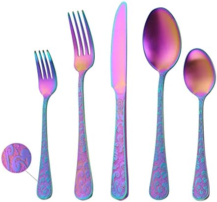 5 Piece Portable Stainless Steel Silverware Set, Leby Homei 3D Floral Flatware Utensil Set, Silverware Flatware Set for Home and Kitchen, Dishwasher Safe (Multicolor)