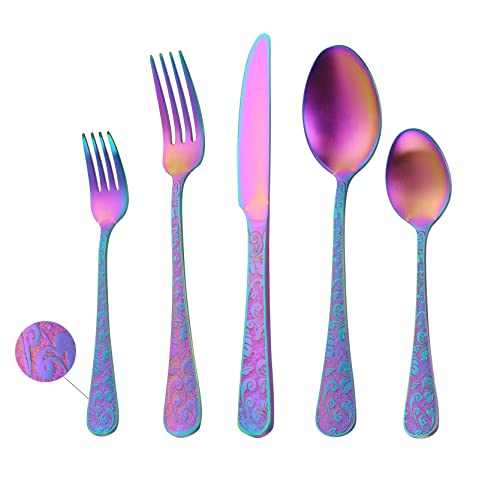 5 Piece Portable Stainless Steel Silverware Set, Leby Homei 3D Floral Flatware Utensil Set, Silverware Flatware Set For Home And Kitchen, Dishwasher Safe (Multicolor) #TOP11