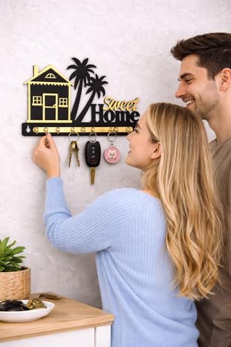 Image of Wooden Key Holder for Wall | Sweet Home Decorative Wall Key Organizer with 7 Stainless Steel Hooks | Premium Home Decor Key Stand for Entrance, Living Room & Office