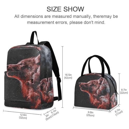 Surreal Wolf Print Backpack Set with Lunch Bag, Large Capacity Travel Backpacks and Lunch Box Insulated for Commute Hiking Picnic2