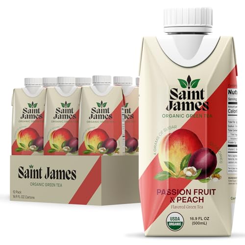 Saint James Iced Tea | Passion Fruit & Peach Organic Green Tea | Organic, Non-GMO Green Tea, 12 Pack (16.9oz each)
