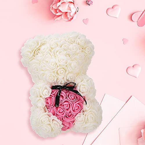 KWT Valentine's Gift,Birthday Gifts, Rose Flower Bear-Hand Made Rose Teddy Bear Hug Hear,Gifts for mom, Gifts for Girls,Unique Giftst For Lover, 10 Inches Clear Gift Box Included (White)