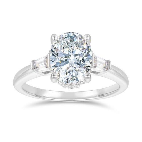 Lispark 14K White Gold Oval Cut Engagement Ring 3 Stone 2CT Oval Cut Moissanite Rings 2 Carat Hidden Halo Moissanite Engagement Ring for Women (White Gold - 9)