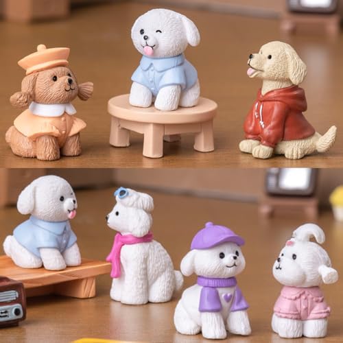 KARLOR Mini Hunde Figuren Set, 6 Stück Welpen Figur, modische Welpen in süßer Kleidung,Teddy Golden Retriever Bichon Malteser Haustiere Figur Tier-Ornamente Sammlungsstück Geschenk Desktop Deko