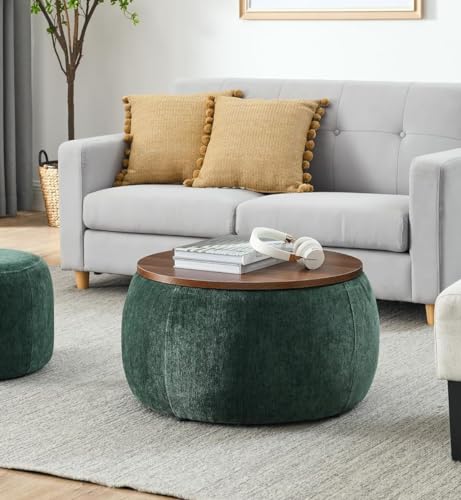 Image of Elegent Debe Round Coffee Table with Wooden Top, Storage Ottoman Tables for Living Room, Centre Tables,Farmhouse Wood Drum Coffee OttomanTable,Multipurpose Storage Ottomans - Green