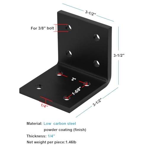 eoere 4 PCS 3-1/2" Heavy-Duty Steel L-Brackets, 90 Degree Corner Support, 1/4" Thick, Up to 300 lbs by eoere - Image 2