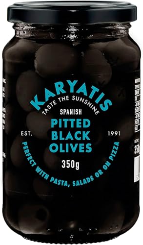 Karyatis Spanish Black Pitted Olives, Glass Jar, 350 g , Pack of 1