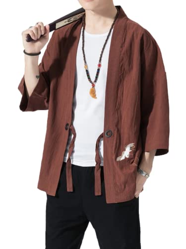 Image of Men's Japanese Kimono Cardigan Loose Cotton Linen 3 /4 Sleeve Open Front Casual Summer Shirt Jackets