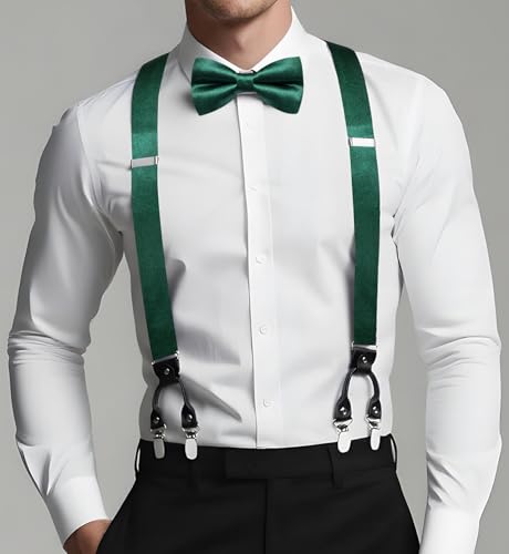 Image of Dubulle Suspender and Bow Tie for Men Paisley Solid Mens Suit Braces Pretied Bowtie and Handkerchief Cufflinks Formal Wedding