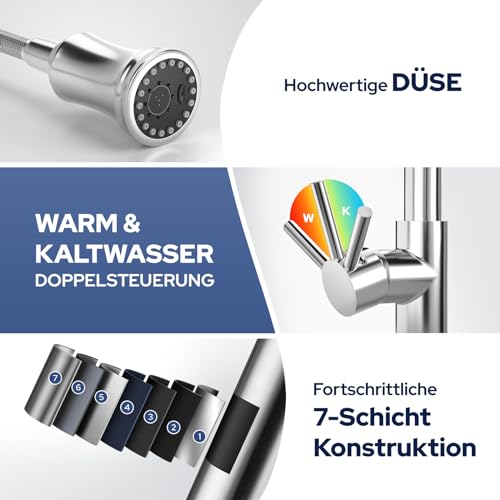 ZHKINGGS Hochdruck Küchenarmatur mit Brause Ausziehbar-3 Sprühfunktionen Wasserhahn Küche, 360°Drehbar Küchenarmaturen Armatur Küche, Edelstahl Chrom