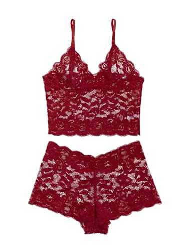 Image of Lilosy Sexy Sheer Floral Lace Pajamas Lingerie Set High Waist Sleepwear Bra and Panty 2 Piece Nightwear