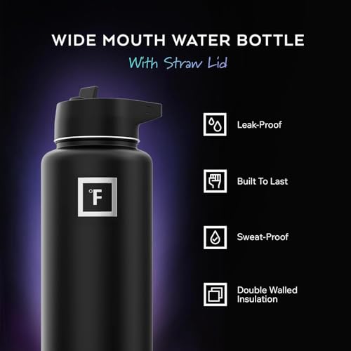 IRON °FLASK Camping & Hiking Hydration Flask with Straw, Wide Mouth Insulated Stainless Steel Sports Water Bottle - 32 oz Midnight Black