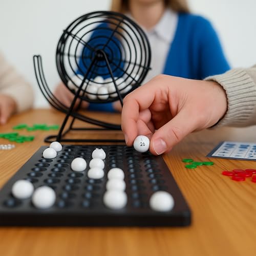 Relaxdays 10021014 Bingo Spiel mit Metalltrommel HxBxT: 20 x 17,5 x 21,5 cm Bingotickets, Loskugeln, Chips, Spielbretter, schwarz