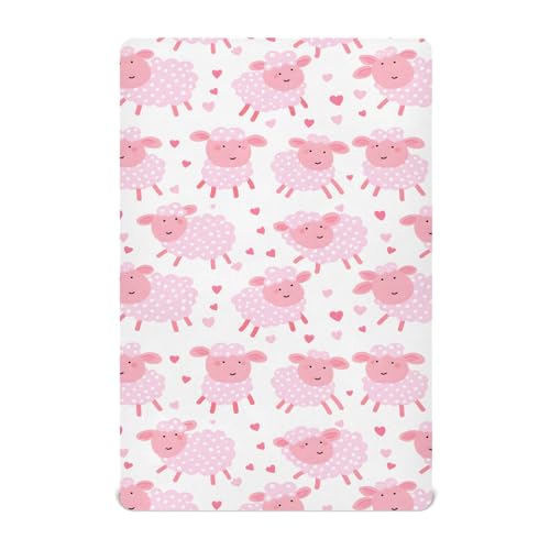 Image of Seamless Pattern of Cartoon Pink Sheep Crib Sheets Stretchy Portable Sheets for Baby Toddler Breathable Soft Crib Mattress Sheet for Girls Boys