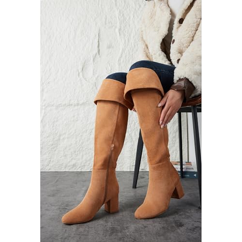 Putu Women's Thigh High Boots Block Heel Boots Over the Knee Faux Suede Tall Boots4