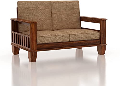 Image of Solid Sheesham Wooden 2 Seater Sofa Set for Living Room | Two Seater Sofa Set with Side Pocket Storage & Cushion | Rosewood Sofa Set for Home (Teak, 2 Seater)
