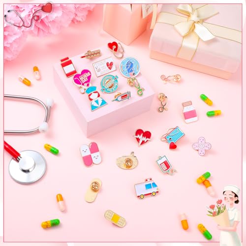 Image of Ceenna 100 Pcs Nurse Enamel Pins Bulk for Backpacks, Lapel Pin Gifts | Zinc Alloy; 50 Unique Designs-stethoscope, Syringe, Ambulance; Perfect for Nursing Graduation or Nurses Week Gifts