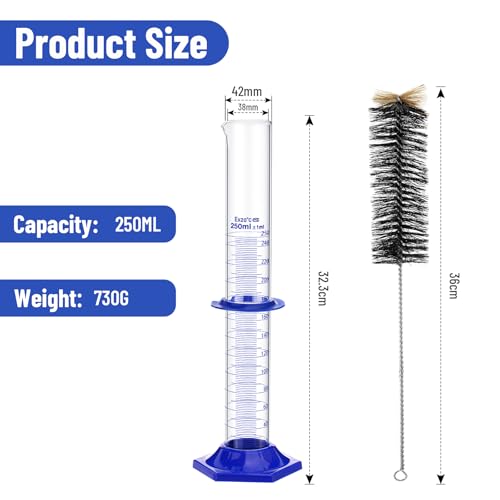 creahub 2 Pcs Glass Graduated Cylinder 250 ml Measuring Cylinder Lab Cylinders with A Cleaning Brush Borosilicate Glass Thick Glass Lab Glassware for Liquid Measuring