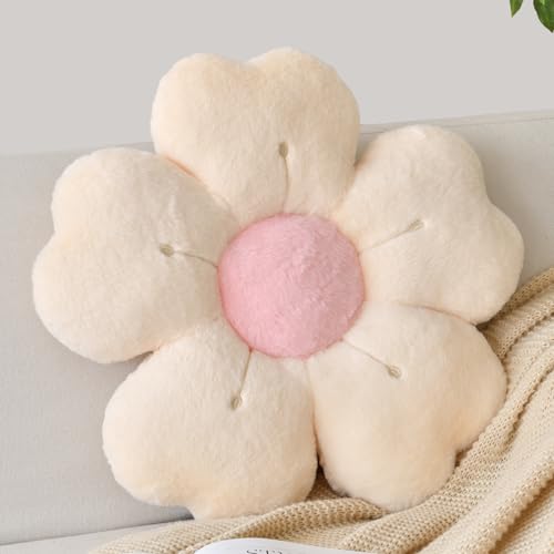 Flower Shaped Pillow, Cute Decorative Throw Pillows with Soft Rabbit Fur for Couch Bed Chair Floor, Christmas Pillow Seating Cushions with Room Décor for Bedroom Living Room(14.9 Inches, Beige)