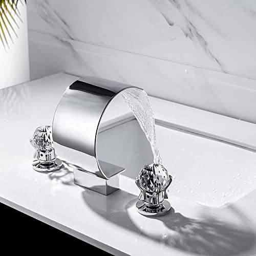 BANGPU Bathroom Sink Faucet 3 Hole Widespread Waterfall Bathroom Faucets with Crystals Handles Basin Mixer Tap 8-Inch High Arc Vanity Faucet with Supply Hose, Chrome by BANGPU - Used condition - Image 7