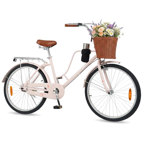 Costway 24/26-Inch Beach Cruiser Bike for Women, Commuter Bike with Adjustable Seat, Woven Basket & Rear Rack, Front & Rear Reflectors, Convenient Kickstand, Adult Bicycle for City (26, Inches, Pink)