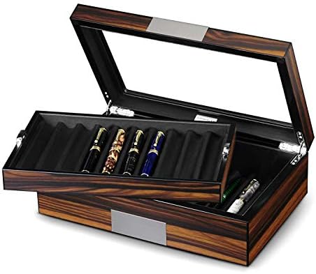 Pen Display Box Ebony Wood Pen Display Case,Fountain Pen Storage Box,20 Pen Organizer Box with Glass Window Pen Collection Box with Tray
