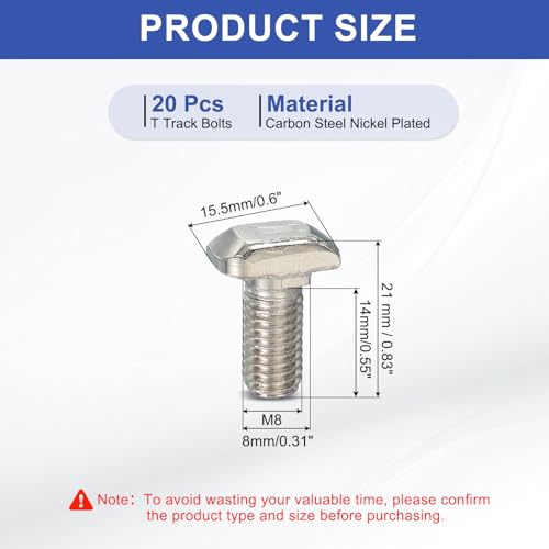 Image of PATIKIL M8 x 16 mm Thread T-Slot Bolts, 20 Pcs Drop-in Bolt Hammer Head T-Bolt Standard 8 mm Sliding Screw Stud for 30 Series Aluminum Extrusion Profile, Silver