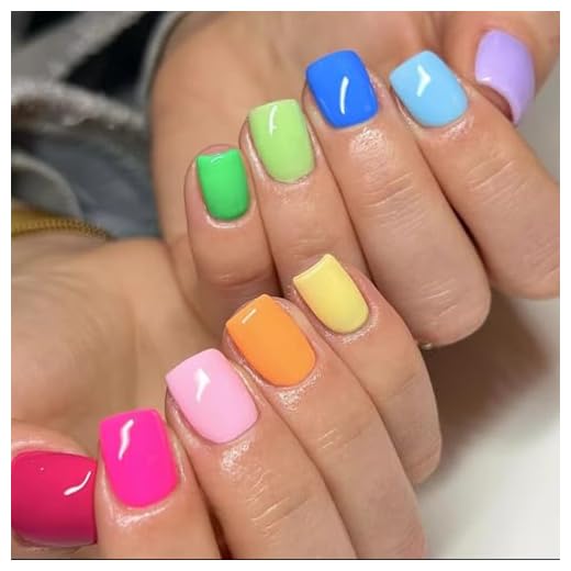 YIHONGYAN Colorful Press on Nails Square Short Spring Fake Nails Press ons Nail Tips Artificial Acrylic Nail Art Manicure Kit Full Cover False Nails Glossy Solid Color Stick on Nails Women 24Pcs