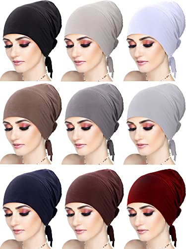 9 Pcs Underscarf Hijab Cap For Women Muslim Hijab Undercap Hat Adjustable Islamic Hijab Underscarf Cap With Tie Back Closure Turban Bonnet Caps Women's Skullies Beanies (Vintage Colors) #TOP6
