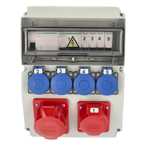 EDO Coffret Électrique de Chantier de Compatible ASTAT 446 Standard Plus IP65 Distributeur de Courant Électrique avec Disjoncteur 32A/5P, 16A/5P, 4x200/250V IP44 Répartiteur Extérieur