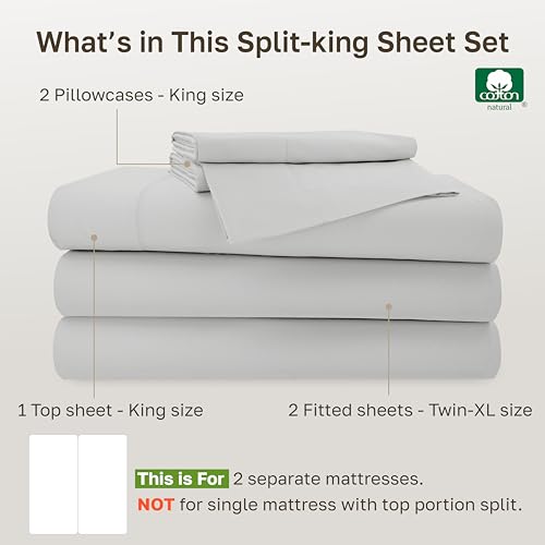 Image of Luxury Adjustable Split King Bedsheets Set, Soft 100% Cotton, 500 Thread Count Sateen, Includes Twin-Xl Fitted Sheets, Snug Fit, Sheet Sets & Pillowcases (Split King, Light Grey)