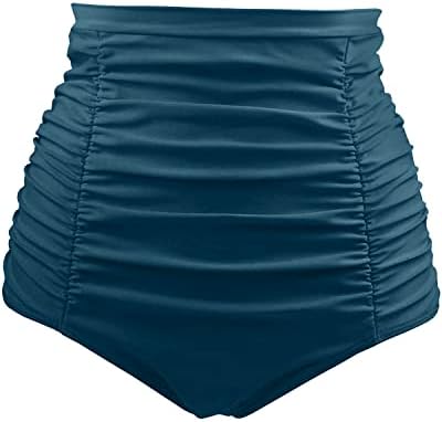 Tempt Me Women's High Waisted Swim Bottom Green Blue Shirred Bikini Tankini Swimsuit Briefs Tummy Control Swim Shorts M
