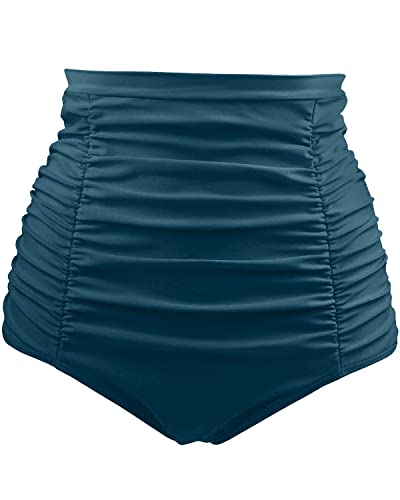 Tempt Me Women's High Waisted Swim Bottom Green Blue Shirred Bikini Tankini Swimsuit Briefs Tummy Control Swim Shorts M #TOP1