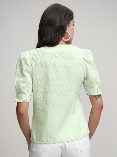 Image of Tokyo Talkies Women's Elegant Embroidered V-Neck Shirt | Button-Front with Short Puff Sleeves for A Chic Look | Tops for Woman | Women Tops | Stylish Top