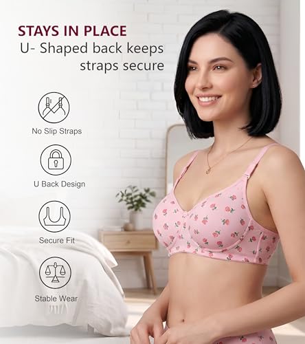 Image of Women's Pure Cotton Blend Lightly Padded Bra (Pack of 3) | Full Coverage Wirefree T-Shirt Bra | Soft Breathable Everyday Bra | Adjustable Straps | Comfortable Multicolor Bra