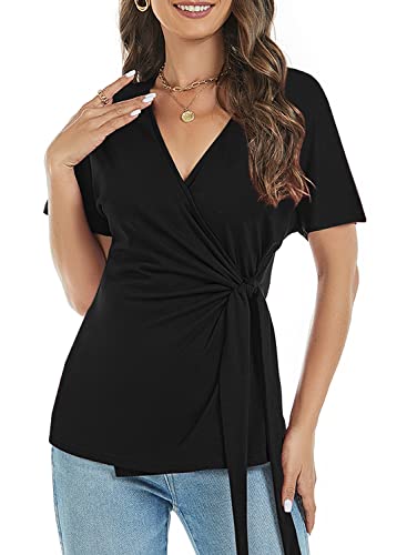 LEIYEE Womens Summer V Neck Short Sleeve Wrap Tops Casual Cute Front Twist Tie Knot Shirts Blouse